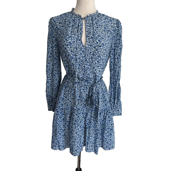 Rebecca Taylor ‘Delft Fleur’ Blue and White Belted 100% Silk Mini Dress -Small - Picture 1 of 11